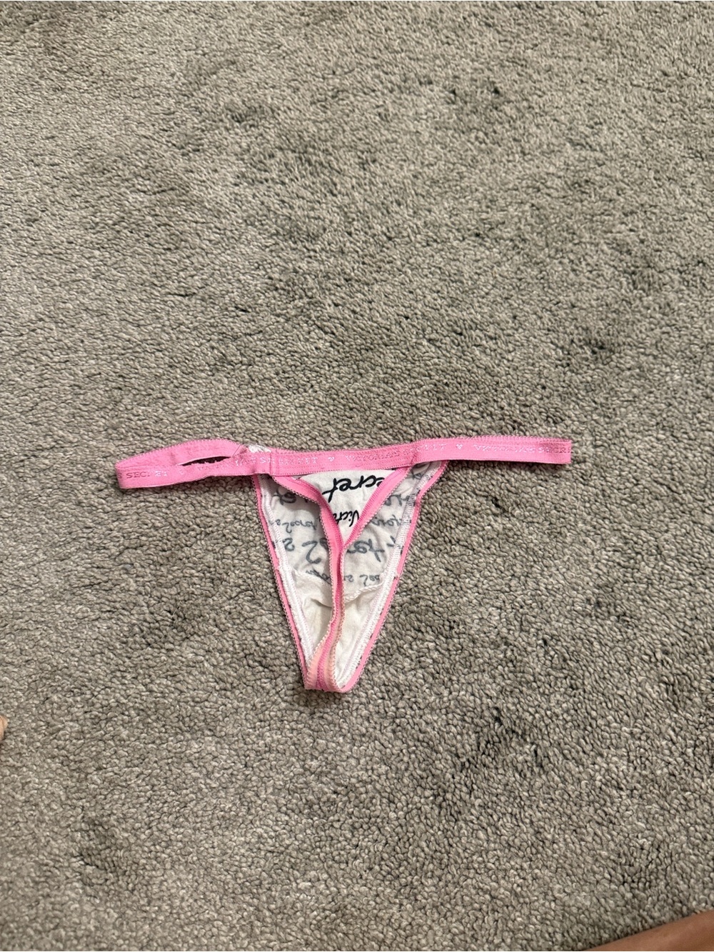 Worn wellVictoria's Secret White Logo Triangle Thong with Pink Trim - Picture 2 of 2